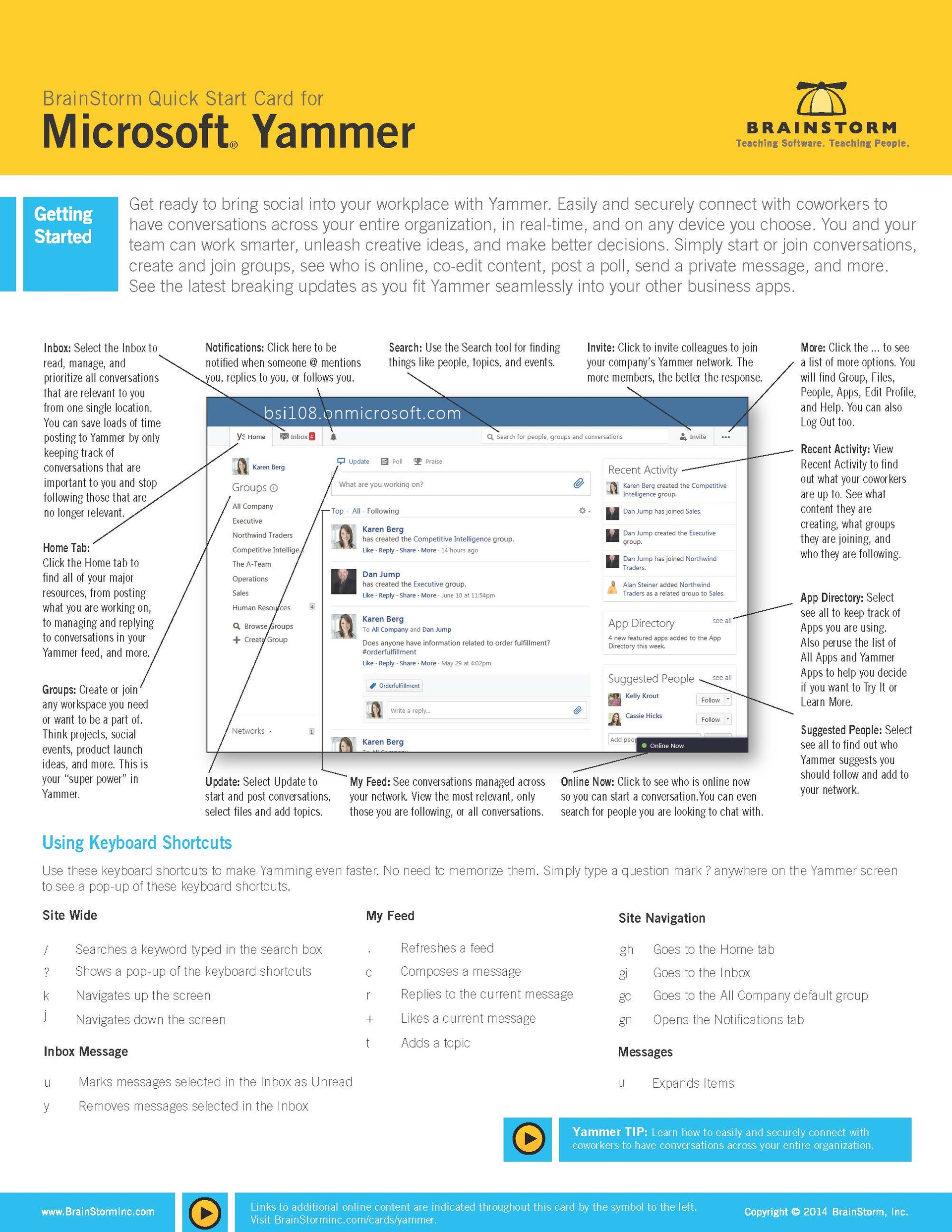 Quick start card of features and process of MS Yammer
