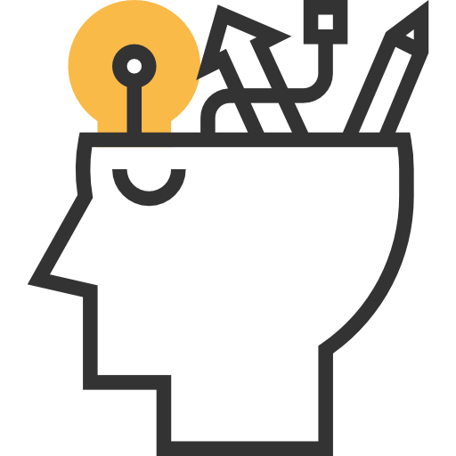 Line art of a head with an open brain with tools and a light